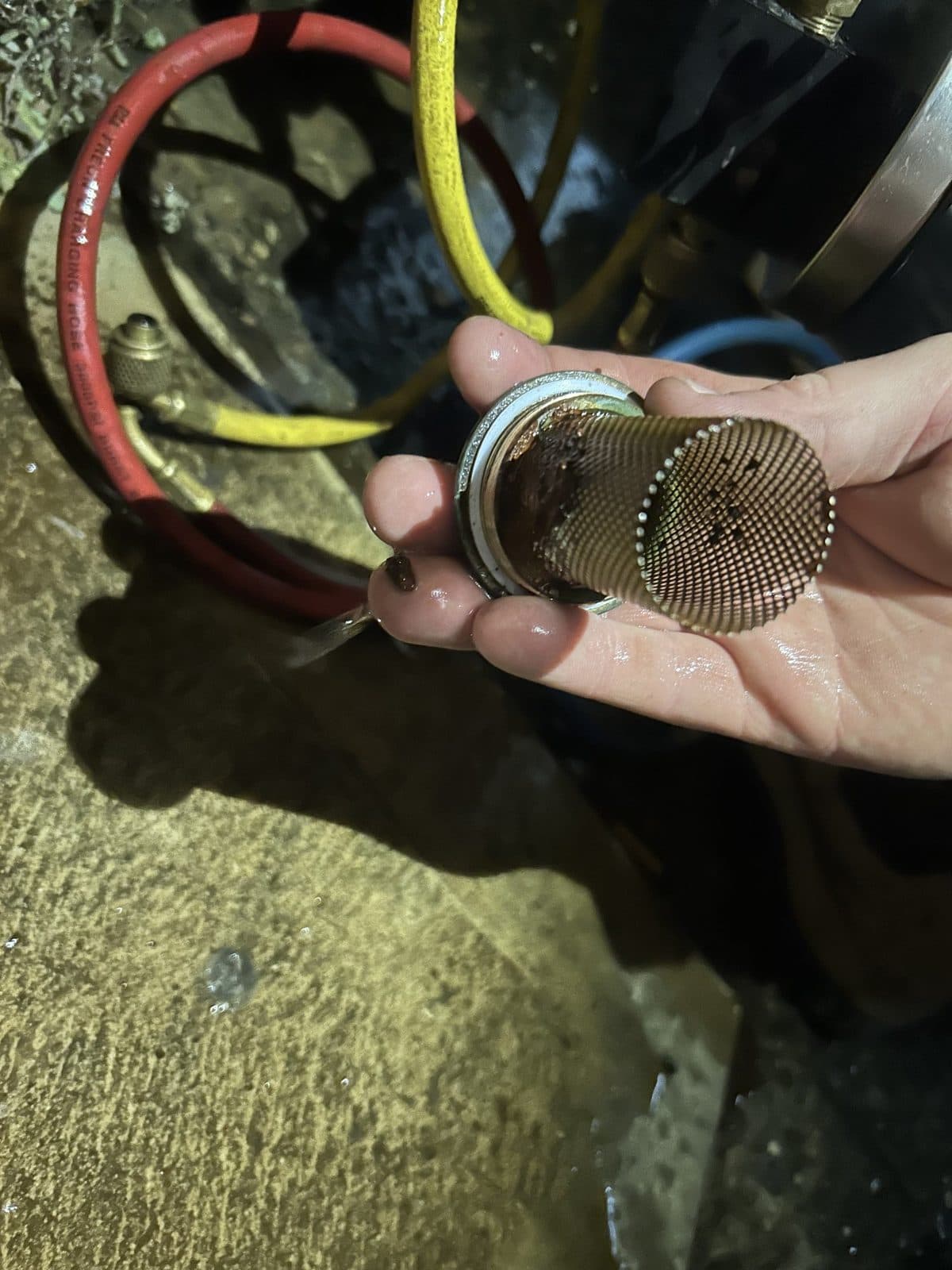 Mesh strainer screen held up beside the backflow test hoses